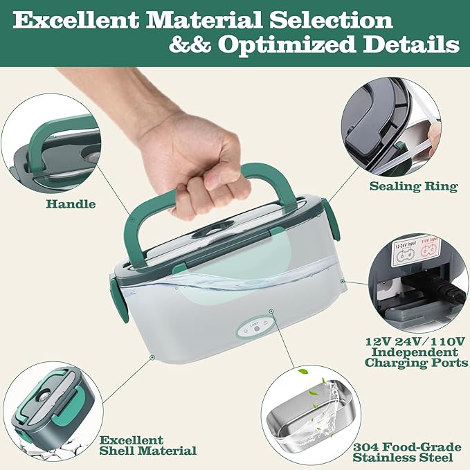 Buddew Electric Heated Lunch Box for Adults - 80W Fast Heating, 1.5L Food-Grade Stainless Steel, 12V/24V/110V Portable Food Warmer for Work Travel Car, Lonchera Electrica Portatil (Green)