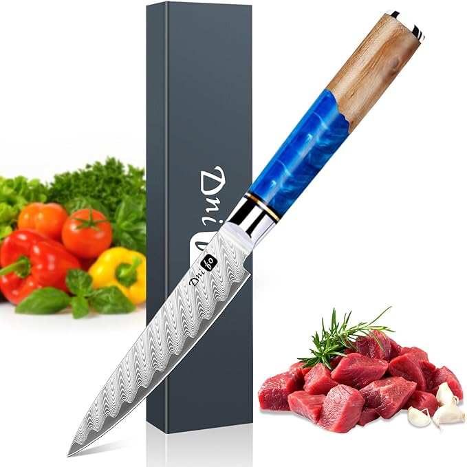 Kitchen Utility Knife 5 Inch, Japanese VG10 Steel Damascus Paring knife, Small Kitchen chef Knife with Gift Box and Resin Wood Handle, Ideal Birthday Gift for Men and Women
