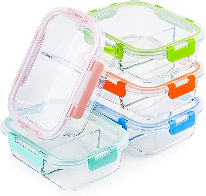 CREST Glass Meal Prep Containers 2 Compartment Set, 5-Pack, 34oz,Divided Bento Lunch Boxes with Lids for Adults