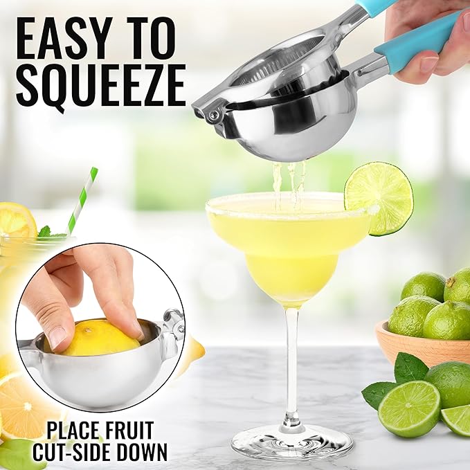 Zulay Kitchen Lemon Squeezer Stainless Steel with Premium Heavy Duty Solid Metal Squeezer Bowl and Food Grade Silicone Handles - Large Manual Citrus Press Juicer and Lime Squeezer (Blue)