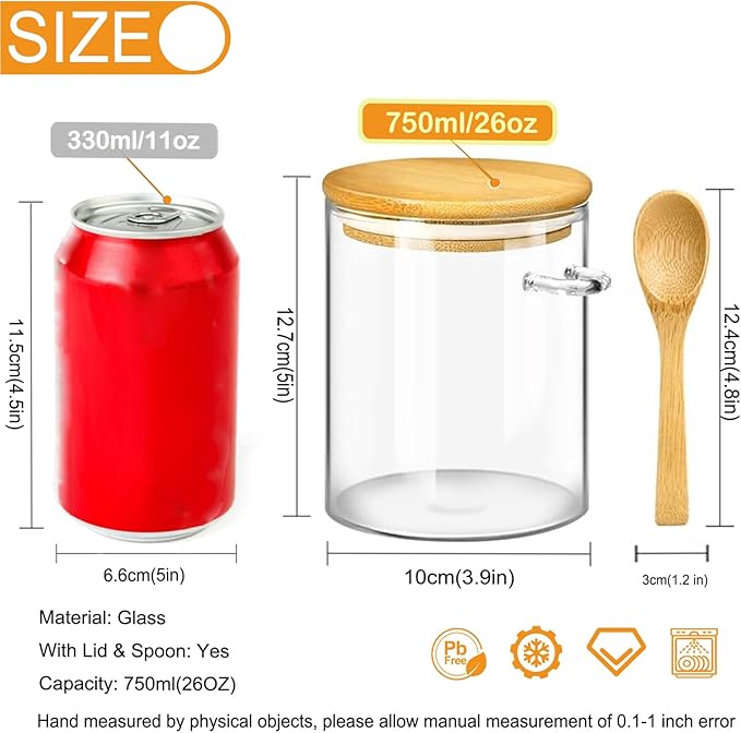 Spice Jars, Overnight Oats Containers with Airtight Lid and Spoon, Decorative Kitchen Canisters Set, Glass Storage Containers for Coffee, Tea, Sugar, Spice, Bath Salt, 1pcs (750ml)