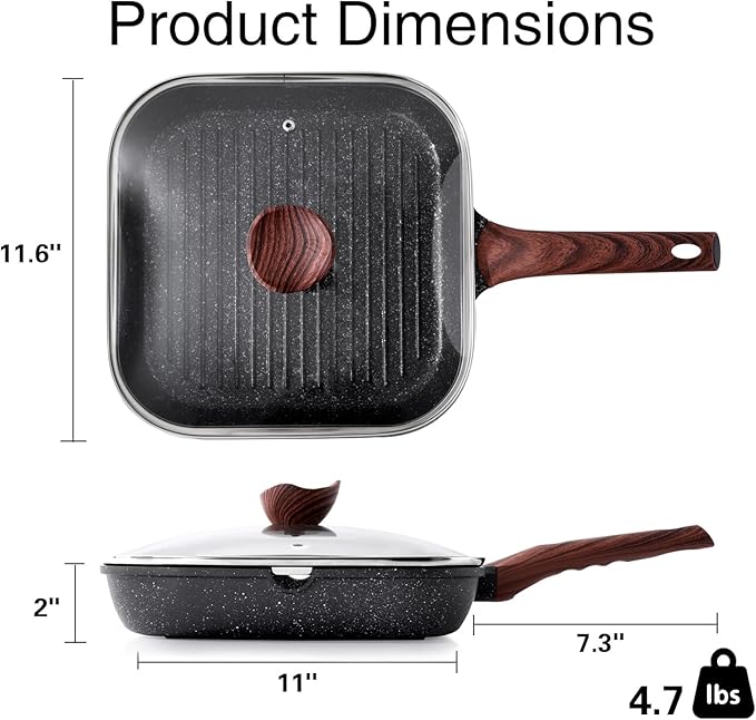 Kordisen Nonstick Grilling Pan with Lid for Stove Tops, 11 Inch Square Grill Pan for Indoor Cooking, Granite Coating Grill Skillet with Pour Spouts, Versatile Griddle, Induction Steak Pan, PFOA Free