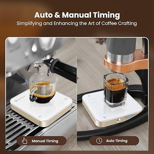 Maestri House Mini Coffee Scale with Timer, USB-C Rechargeable Espresso Scale, 2kg/0.1g Accurate Scale for Espresso and Pour-Over Coffee, Portable Digital Kitchen Scale with Auto Timer (White & Gold)