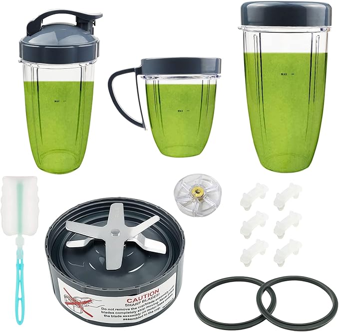 14 PCS Blender Extractor Blade and Cups for NutriBullet 600w and 900w Series, Replacement Parts Gasket Shock Pad and Gear(1 Blade, 3 Cups,1 Lids)