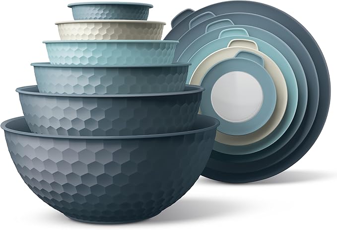 COOK WITH COLOR Mixing Bowls with Lids - 12 Piece Plastic Nesting Bowls Set includes 6 Prep Bowls and 6 Lids, Non Slip Bottom and Embossed Design - Microwave Safe (Blue)