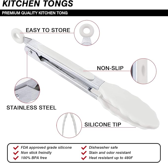 7 inch Cooking Tongs, MSY BIGSUNNY Set of 3 Mini Kitchen Tongs Silicone Serving Tongs With Silicone Tips for FoodGrill, Salad, BBQ (Snow White)