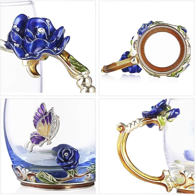 Handicraft Crystal Glass 3D Flower Cups Tea Mug With Tea Spoon Women Coffee, Tea, Juice, Beer, Milk Hot And Cold Drinks Use Gift Package. (Rose Blue Coffee Cup, 11 OZ)