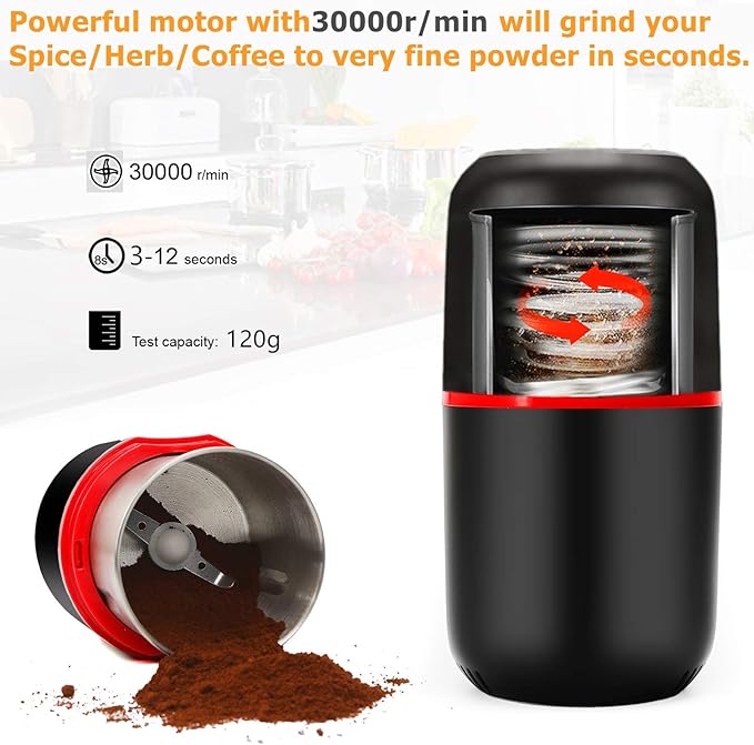 Herb Grinder Electric, Turimon Large Herbal/Coffee Grinders/Mill/Crusher for Spice and Herbs With Cleaning Brush - Black