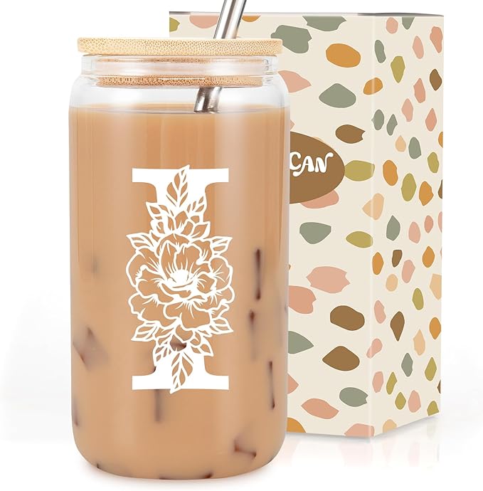 Coolife Initial Glass Cup, Monogrammed Gifts for Women, 16 oz Glass Cups w/Lids Straws, Iced Coffee Smoothie Beer Tumbler w/Straw Lid - Personalized Christmas, Birthday Gifts for Her Mom Friend Woman