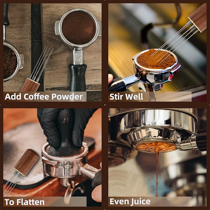Espresso Coffee Stirrer 5 Needles 0.4mm Espresso Distribution Tools, Natural Wood Handle and Stand (Rosewood)