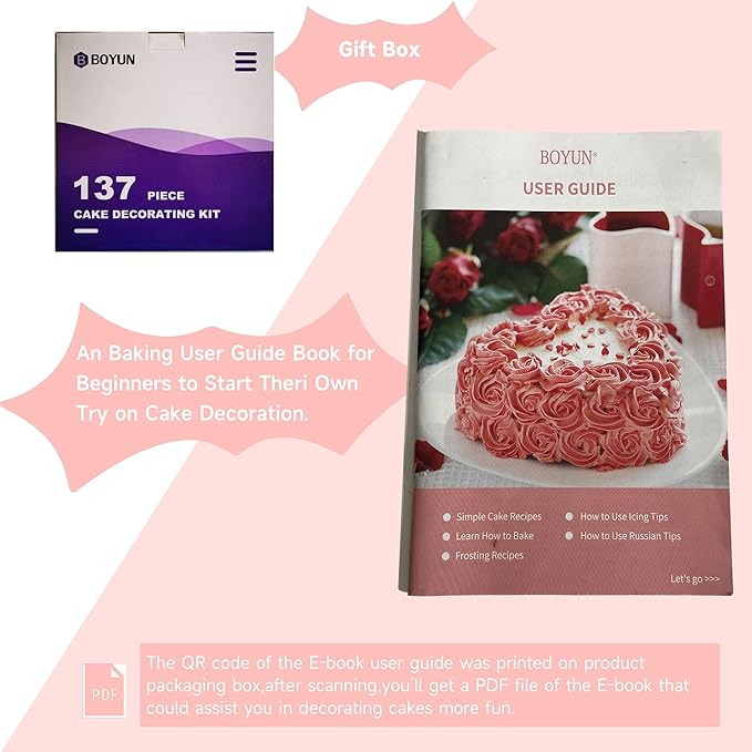 Cake Decorating Kit,137pcs Cake Decorating Supplies with Cake Turntable for Decorating,Pastry Piping Bag,Russian Piping Tips Baking Tools, Cake Baking Supplies for Beginners(Light Pink)