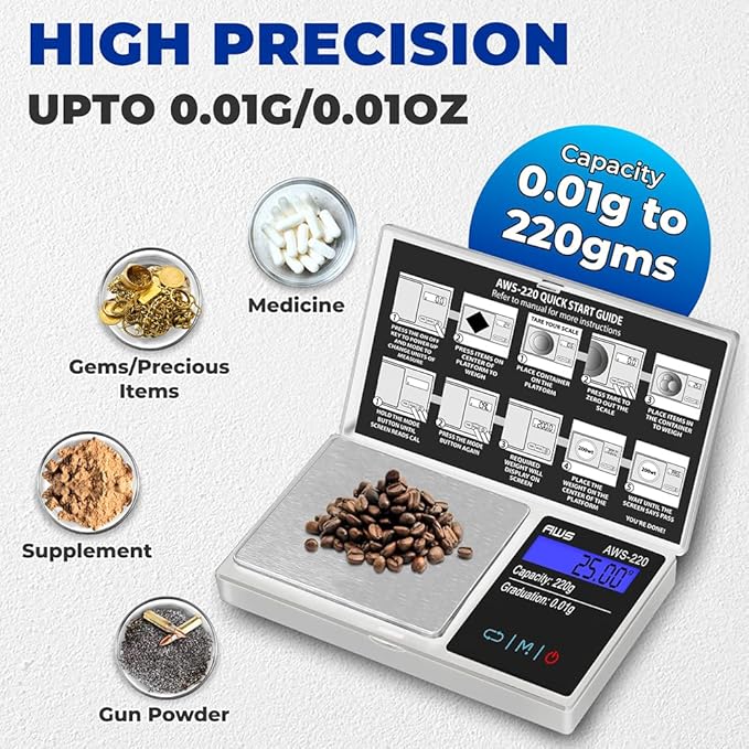 Series Digital Pocket Weight Scale 600g x 0.1g |Digital Gram Scale Small Scale Mini Food Scale Jewelry Scale Ounces/Grains Scale, Easy to Carry - AMERICAN WEIGH SCALES (Silver, 220g x 0.01g)