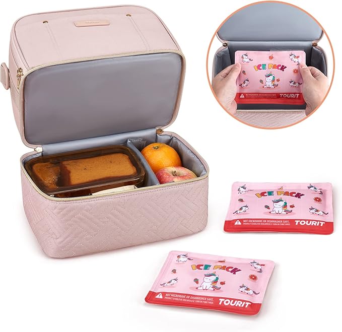 TOURIT Lunch Bag Women Double Deck Lunch Box Insulated Lunch Cooler Pink, with Reusable Long-Lasting Ice Packs, Camping Accessories, 2 Packs Pink Unicorn