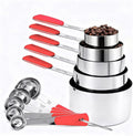 Measuring Cups and Spoons Set Stainless Steel 10 Piece for Cooking and Baking (5 Cups + 5 Spoons, Red Handle)