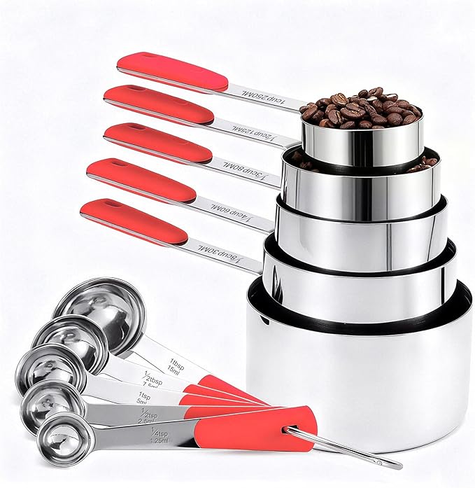 Measuring Cups and Spoons Set Stainless Steel 10 Piece for Cooking and Baking (5 Cups + 5 Spoons, Red Handle)