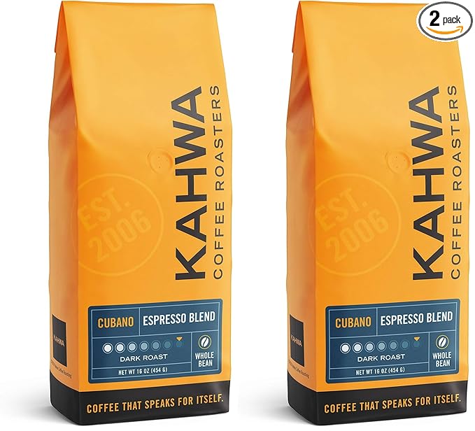 Kahwa Cuban Coffee Beans, Cubano Dark Roast Espresso Blend, Whole Bean Coffee, 1 lb Bag (Pack of 2)