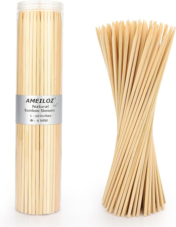 10" Barbecue Skewers, Bamboo Wooden Kabob Skewers for Appetizer, Fruit, Sausage, Chocolate Fountain, Kebob Skewer Stick, Organic Wood Food Sticks for BBQ Grilling, Kitchen (Φ=4mm Thick, 100PCS)
