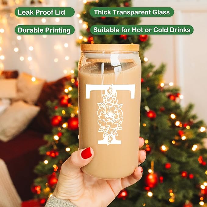 Coolife Initial Glass Cup, Monogrammed Gifts for Women, 16 oz Glass Cups w/Lids Straws, Iced Coffee Smoothie Beer Tumbler w/Straw Lid - Personalized Christmas, Birthday Gifts for Her Mom Friend Woman