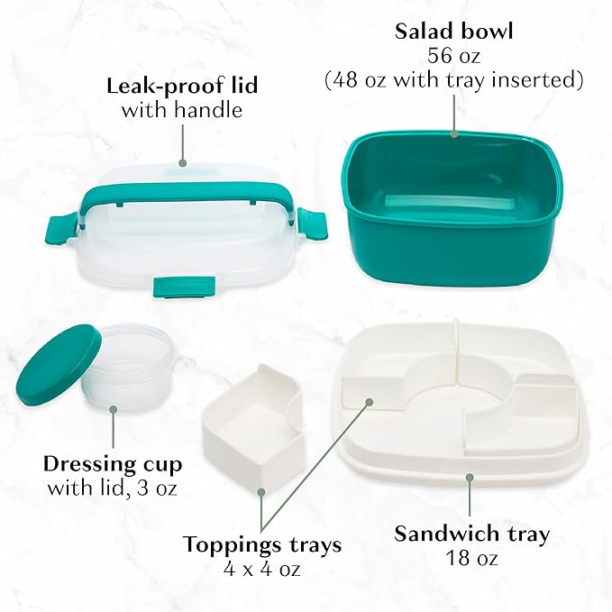 Goodful Stackable Lunch Box Container, Bento Style Food Storage with Removeable Compartments for Sandwich, Snacks, Toppings & Dressing, Leak-Proof and Made without BPA, 56-Ounce, Teal