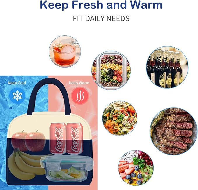 DALINDA Lunch Bag Women, Lunch Box for Women Men Reusable Insulated Lunch Tote Bag, Handbags Case High Capacity for Travel Work Picnic,white blue