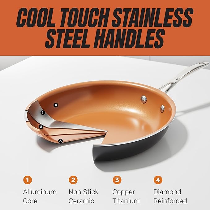 Gotham Steel Non Stick Frying Pan, 12.5” Ceramic Frying Pan Nonstick, Long Lasting Nonstick Cooking Pan with Helper Handle / Stay Cool Handle, Ultra-Durable, Dishwasher / Oven Safe, 100% Non Toxic