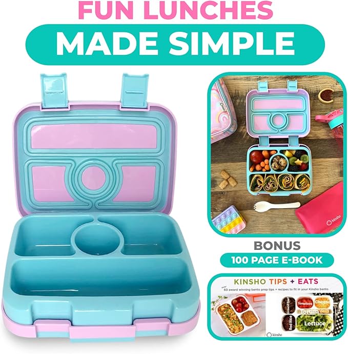 kinsho Kids Bento Lunch Box, Reusable Meal and Snack Container, Lunch Boxes For Small Girls & Toddlers Lunches, 4 Compartment - School, Daycare, Drop-Proof BPA Free, Purple Rainbow