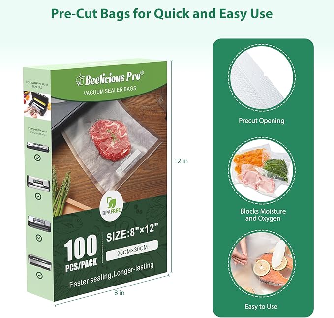 Beelicious Pro Precut Vacuum Sealer Bags for Food Storage 100 Count 8" x 12" with BPA-Free, Heavy Duty, Commercial Vacuum Seal Bags for Sous Vide & Seal a Meal