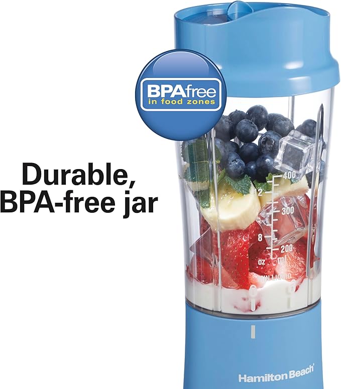 Hamilton Beach Portable Blender for Shakes and Smoothies, 14 Oz BPA Free Travel Cup & Lid, Durable Stainless Steel Blades, Personal Smoothie Blender, Tranquil Blue (51172)