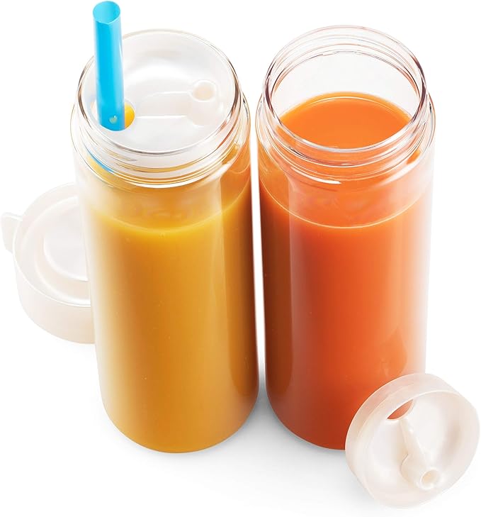 Komax Reusable Juice Bottles, Set of 4 Leak-Proof Juice Containers with Lids for Fridge, BPA-Free Plastic Smoothie Bottle Set, Dishwasher-Safe Wide Mouth Juicing Bottles (18.5 oz)