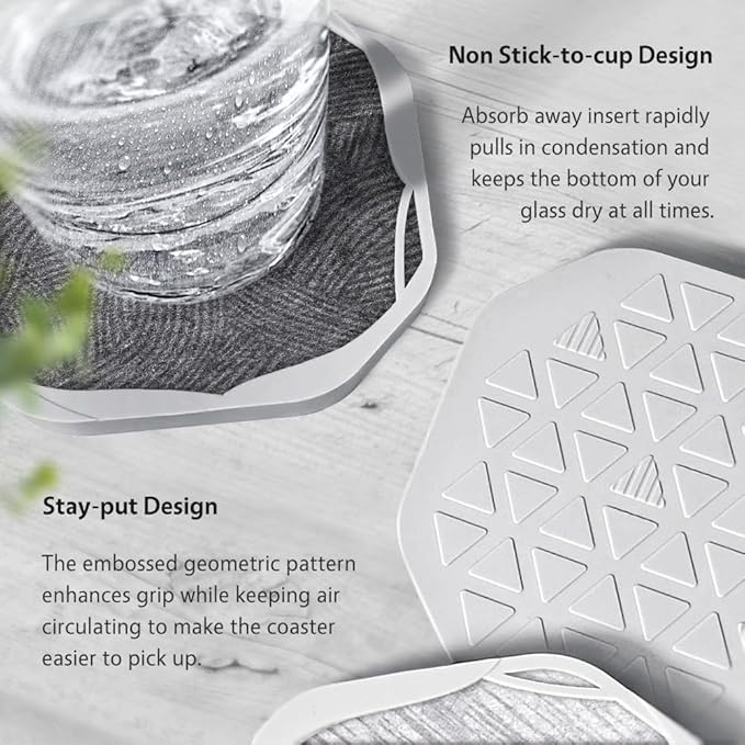 UMIRRO Absorbent Coasters for Drinks with Holder, Silicone Cup Coaster with Felt Insert for Coffee Table Decor, Small Unique Birthday Gift Ideas for Men, Dad, Him, Women Mom, Her, 4", Grey, Set of 6
