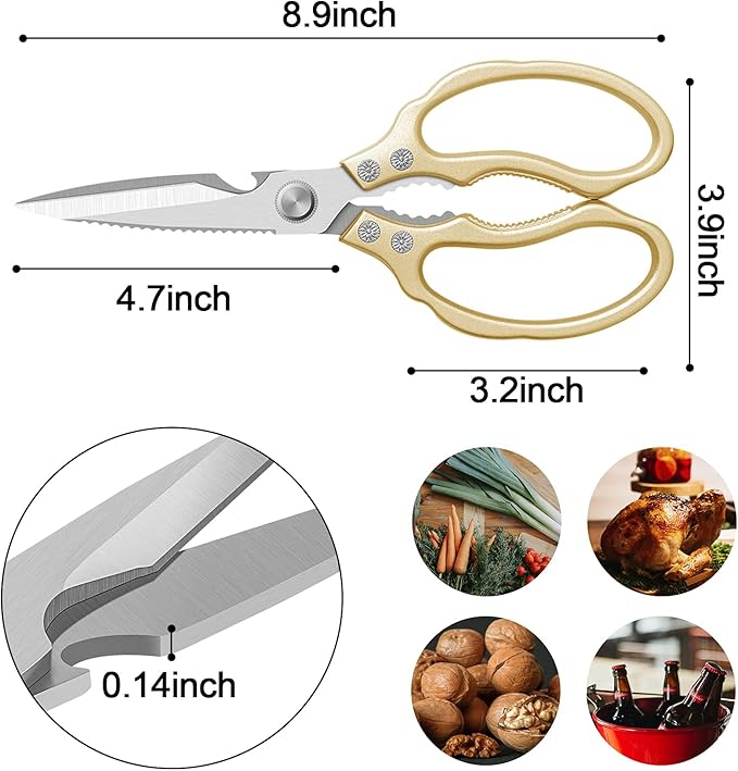 CGBE Kitchen Scissors All Purpose Heavy Duty, Ultra Sharp Stainless Steel Kitchen Shears Dishwasher Safe, Cooking Shears for Chicken, Poultry, Fish, Meat, Herbs & Grapes with Non-Slip Grips - Gold