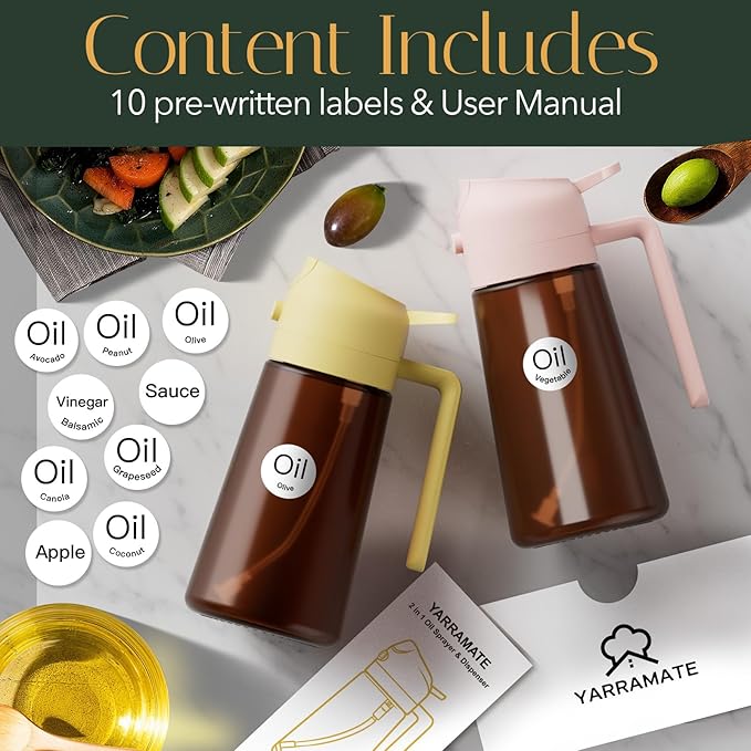 YARRAMATE 16oz/470ml Light Blocking Oil Sprayer for Cooking with Stickers, Food-Grade 2 in 1 Olive Oil Dispenser Bottle for Kitchen, Premium Dark Amber Glass Oil Bottle for Air Fryer, BBQ (PeachPink)