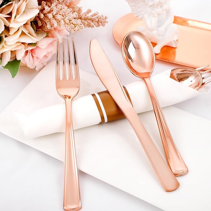 Liacere 100Pack Rose Gold Plastic Silverware - Pre Rolled Napkins with Rose Gold Cutlery - Wrapped Silverware Set Disposable100 Forks Knives Spoons Wrapped Utensils for Wedding&Christmas