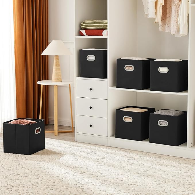 MAX Houser Fabric Storage Bins Cubes Baskets Containers with Dual Plastic Handles for Home Closet Bedroom Drawers Organizers (Black)