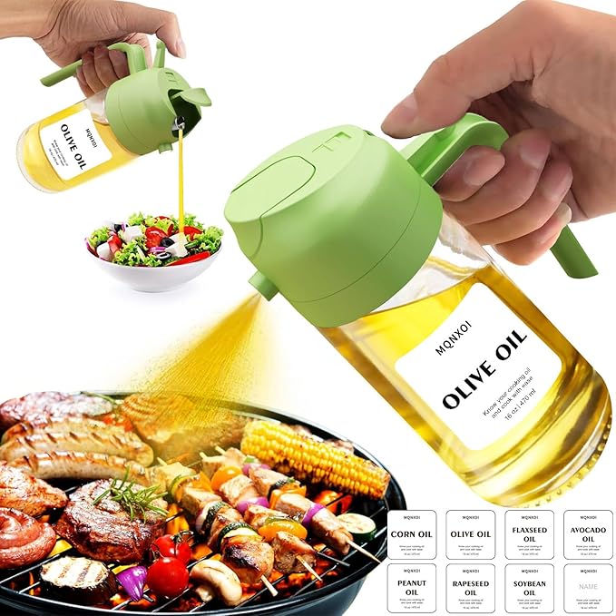 2 in 1 Glass Oil Sprayer & Dispenser,16oz/470ml Olive Cooking, Air Fryer, and Salad, for Kitchen Gadgets and Air Fryer Accessories, w/Stickers (Green)