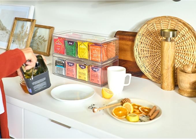 iDesign Tea Bag Organizer for Counter, 4-Section Clear Stackable Tea Storage Drawer for Cabinet