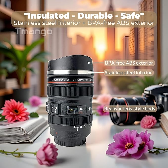Camera Lens Coffee Mug with Slider Lid – Realistic DSLR Thermos Cup, Novelty Gift for Photographers, Coffee Lovers, Men & Women