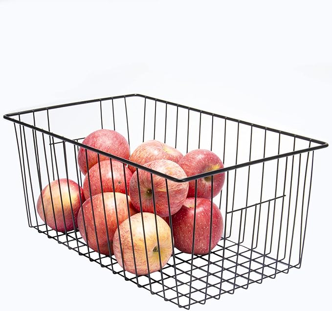 16inch Freezer Wire Storage Organizer Baskets, Household Refrigerator Bins with Built-in Handles, Black, 6PACK
