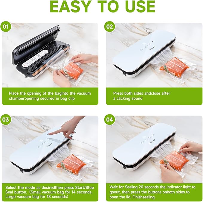 Vacuum Sealer for Food - Tempered Glass Panel, LED Touch Control, Digital Display, Pulse/Moist/Dry/Seal/External Suction Modes, Includes 30 Vacuum Bags & Built-in Cutter(White)