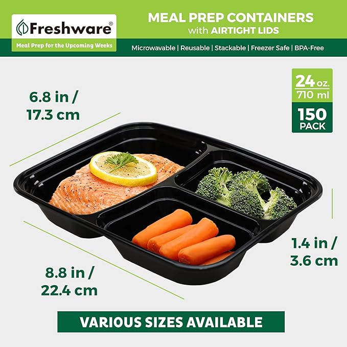 Freshware Meal Prep Containers [150 Pack] 3 Compartment with Lids, Food Storage Containers, Bento Box, BPA Free, Stackable, Microwave/Dishwasher/Freezer Safe (24 oz)