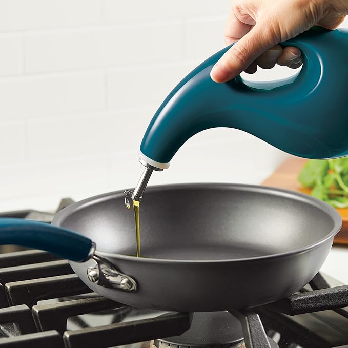 Rachael Ray Serveware Ceramic EVOO Oil and Vinegar Dispensing Bottle Set, 2 Piece, Teal