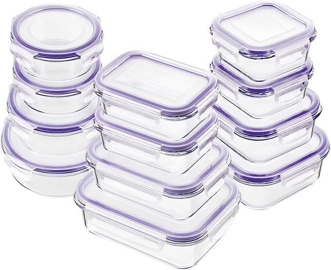 Bayco Glass Food Storage Containers with Lids, [24 Piece] Meal Prep Containers, Airtight Bento Boxes, Leak Proof (12 lids & 12 Containers) - Purple