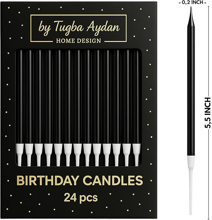 by Tugba Aydan - Black Birthday Candles-24 Count Long Thin Black Birthday Candles for Cake, Metallic Cake Candle for Birthday, Party Candles