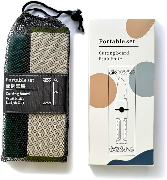 5-in-1 Small Cutting Board Set，Multifunctional Travel Stainless Steel Fruit Knife with cover，Outdoor Portable Peeling Fruit Potato Peeler for Travel, Camping, Kitchen (green)