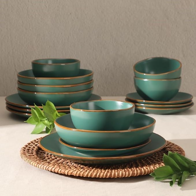 Gibson Home Hazeltine 16-Piece Green Stoneware Dinnerware Set – Plates and Bowls, Durable Ceramic Kitchen Dinner Set