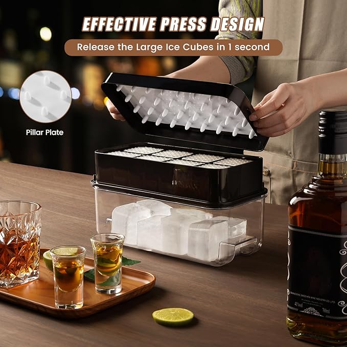 PHINOX Large Ice Cube Tray with Lid and Bin, Ice Trays for Freezer, 2 INCH Whiskey Ice Cubes Mold, 2*8 pcs Square Ice Cube Mold with Tong, Easy to Release, Large Ice Tray for Whiskey Cocktail Bourbon