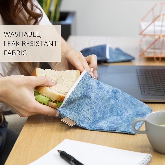 Roamio Reusable Sandwich and Snack Bags, for Kids School Lunch and for Adults Portion, Washable Fabric, Waterproof Cloth Zip Bag, Pack Travel Pouch, Food-Safe Storage, Large 2-pk Faux Denim