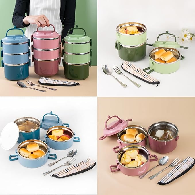 SANQIAHOME 3 Tier Stackable Stainless Steel Lunch Box Sealed(green, 3 layers) with spoon and fork