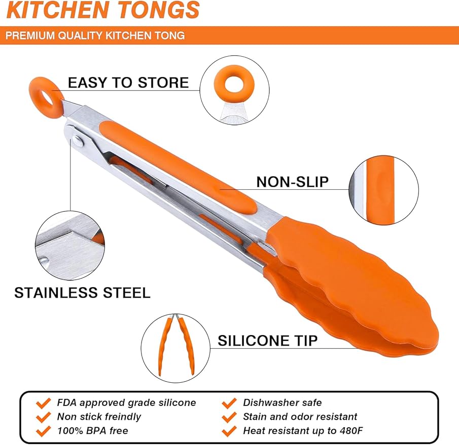MSY BIGSUNNY 7 inch Serving Tongs With Silicone Tips for Food Grill, Salad, BBQ, Small Kitchen Food Tongs (Set of 3, White)
