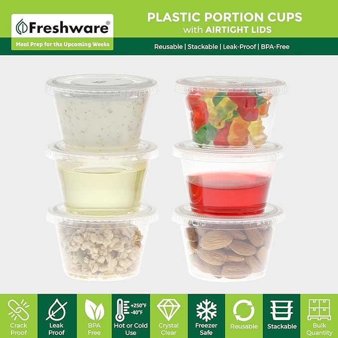 Freshware Plastic Portion Cups with Lids [4 Ounce, 200 Sets] Disposable Plastic Cups for Meal Prep, Salad Dressing, Jellos Shot Cups, Souffle Cups, Condiment and Dipping Sauce Cups